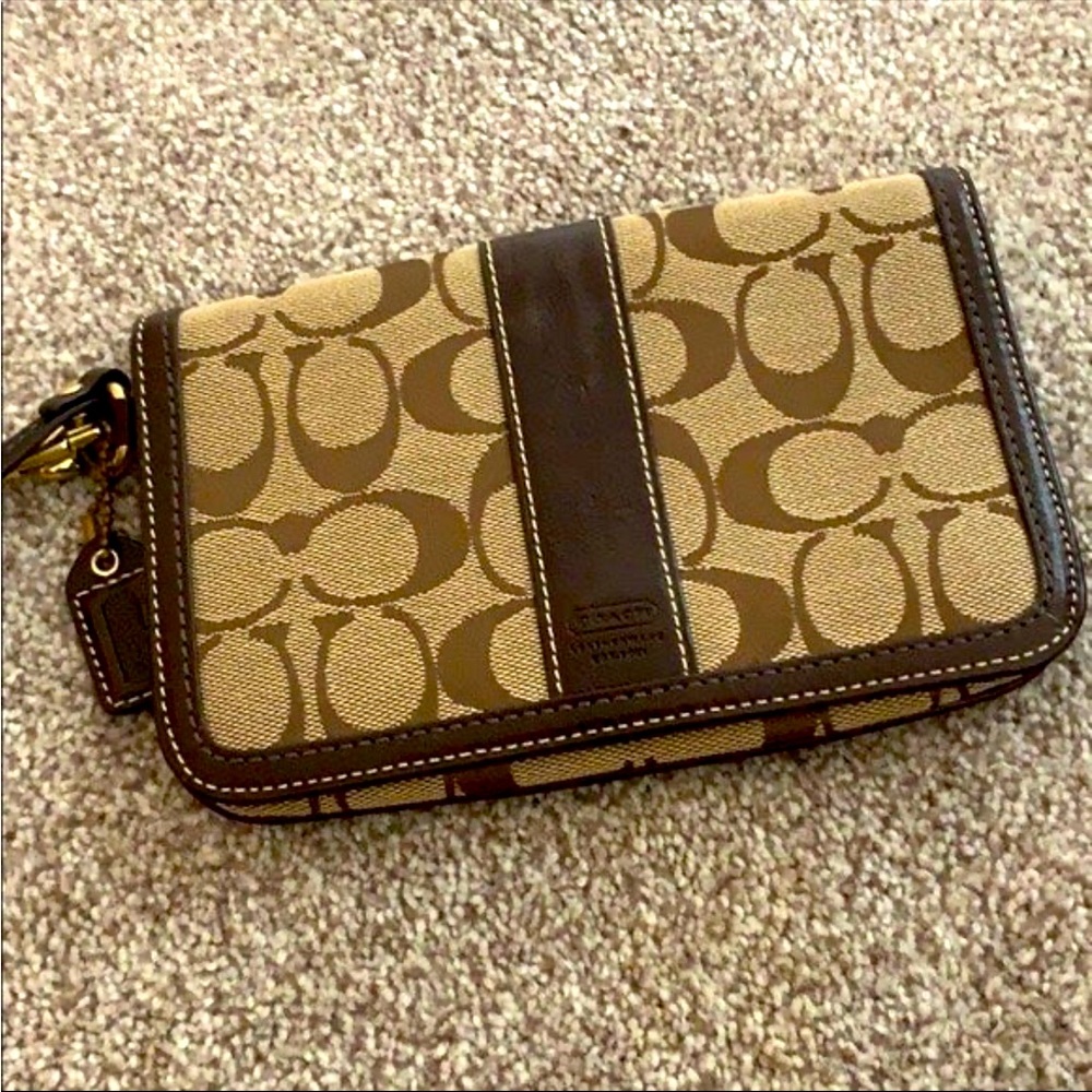 Coach - Brown Monogram Wristlet Wallet w/ Leather Trim